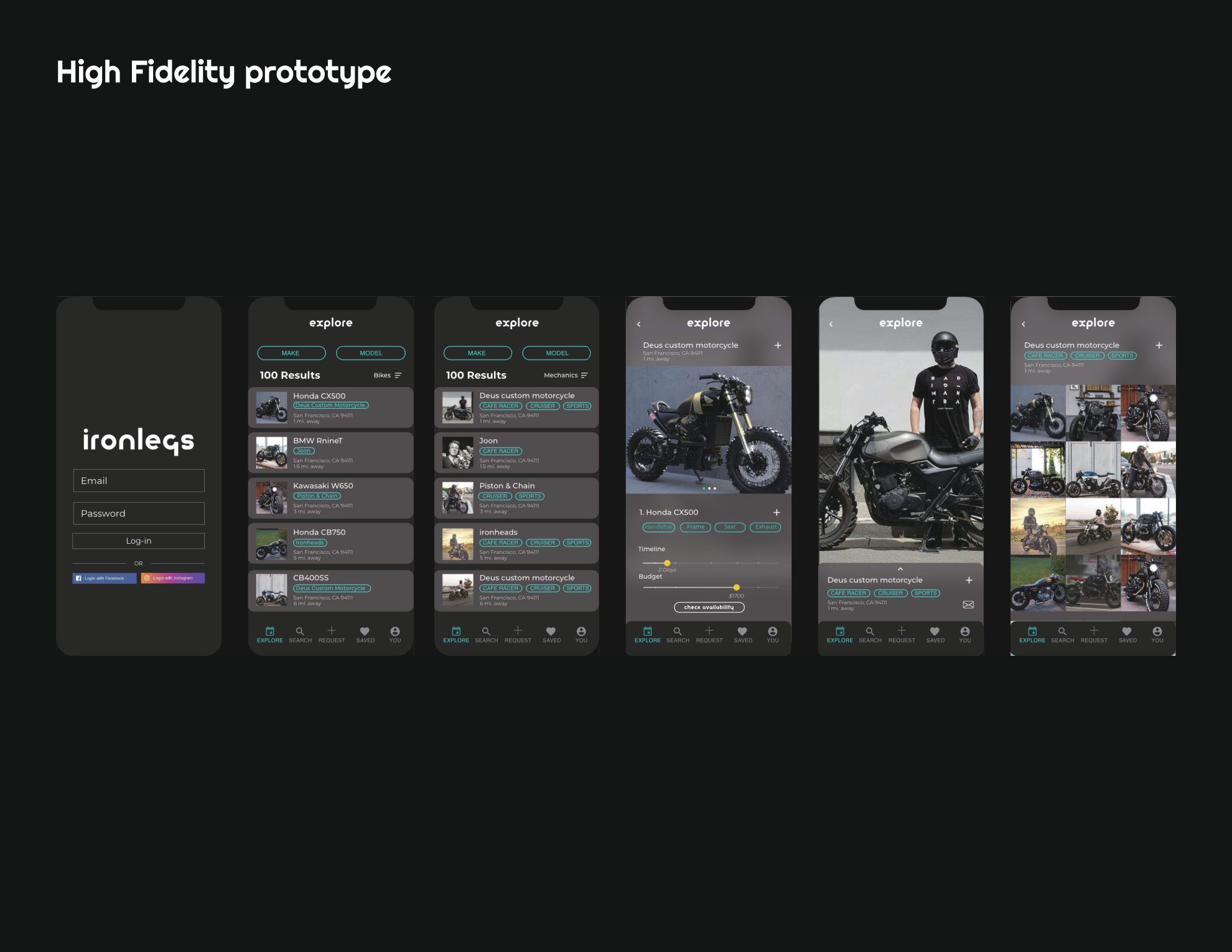 ironleg high fidelity prototype screens
